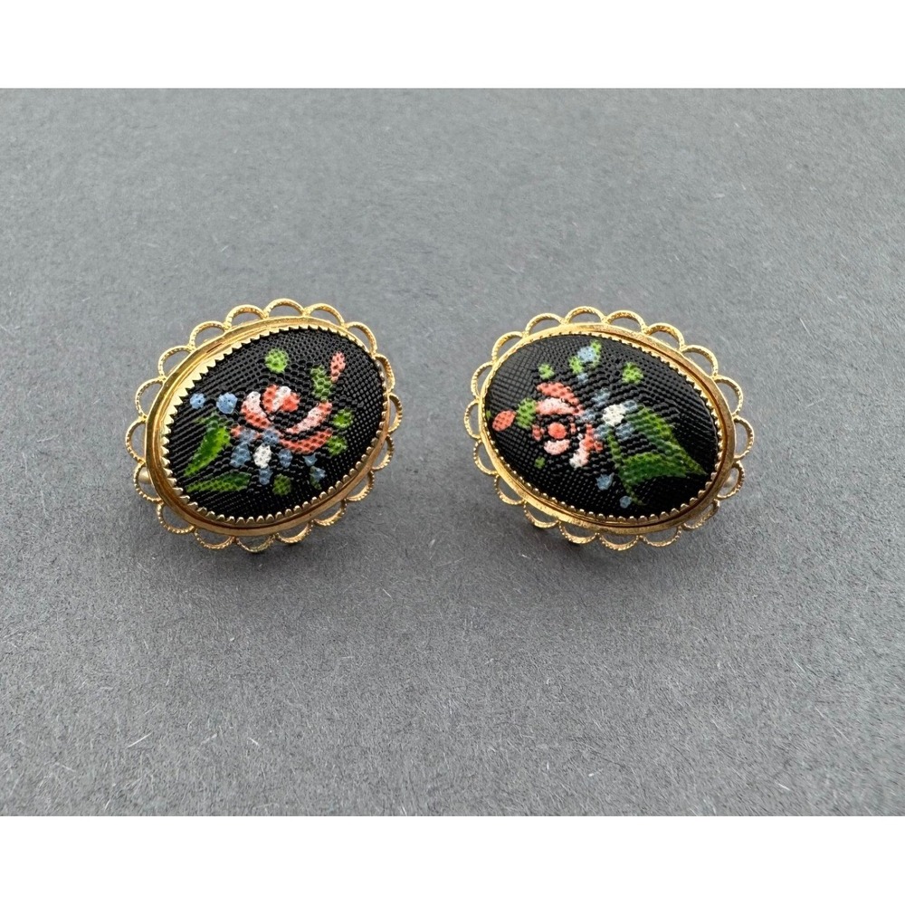 Vintage Amco 14K Gold Filled Micro Mosaic Petit Point Floral Screw Back Earrings